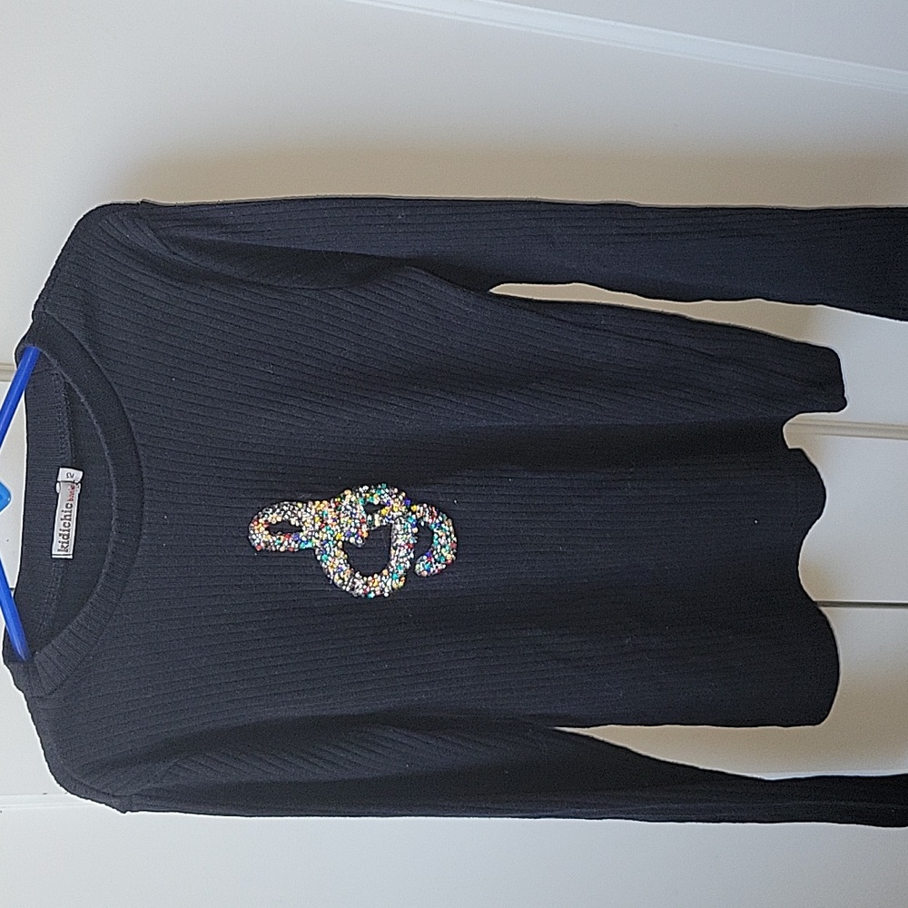 Girls Black Ribbed Long Sleeve Top with Colorful Embellishment